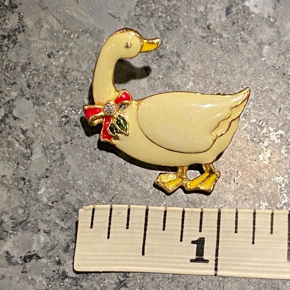 Vintage Enamel Christmas Goose Pin Rhinestone Brooch